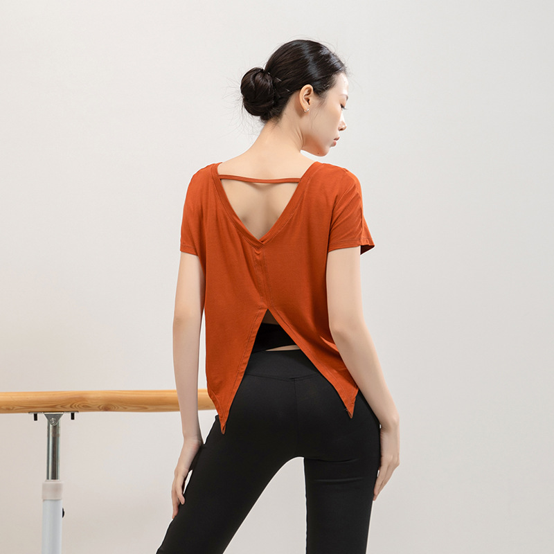 Summer yoga clothes short sleeve T-shirts women beautiful backslits slam blouses loose running sports and fitness tops dance practice