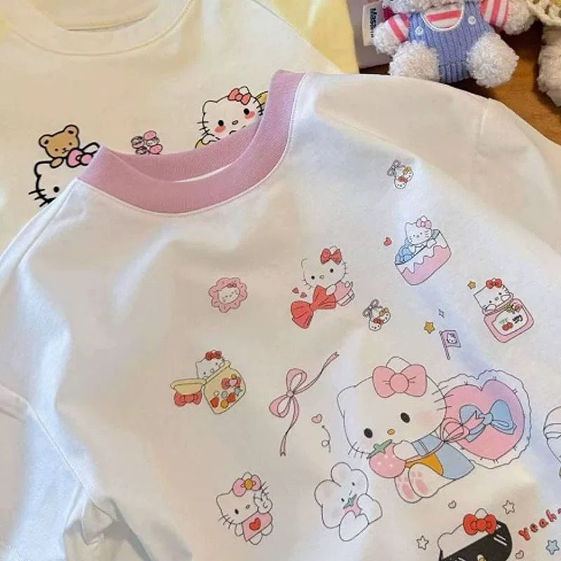 Ddmyshoesvip Girls Summer Short Sleeved T Shirt New Full Print Cartoon Cat Half Sleeve Children S Cute Western Style Top