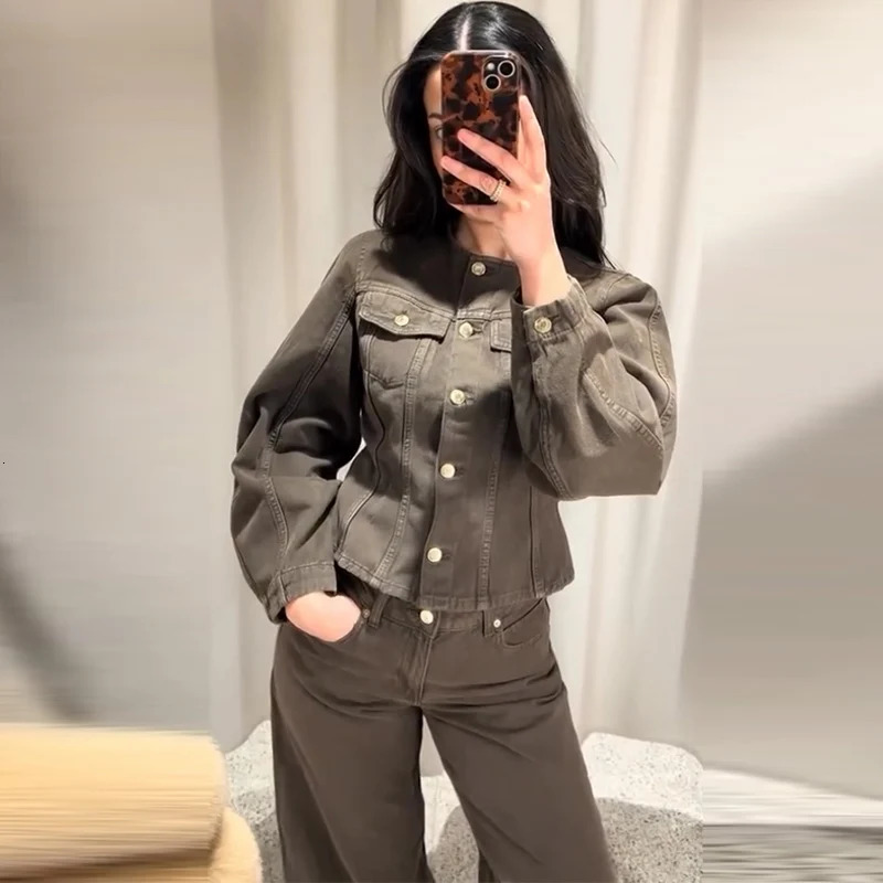 Retro denim jacket womens round neck long sleeved solid color short business single chest lapel 250407