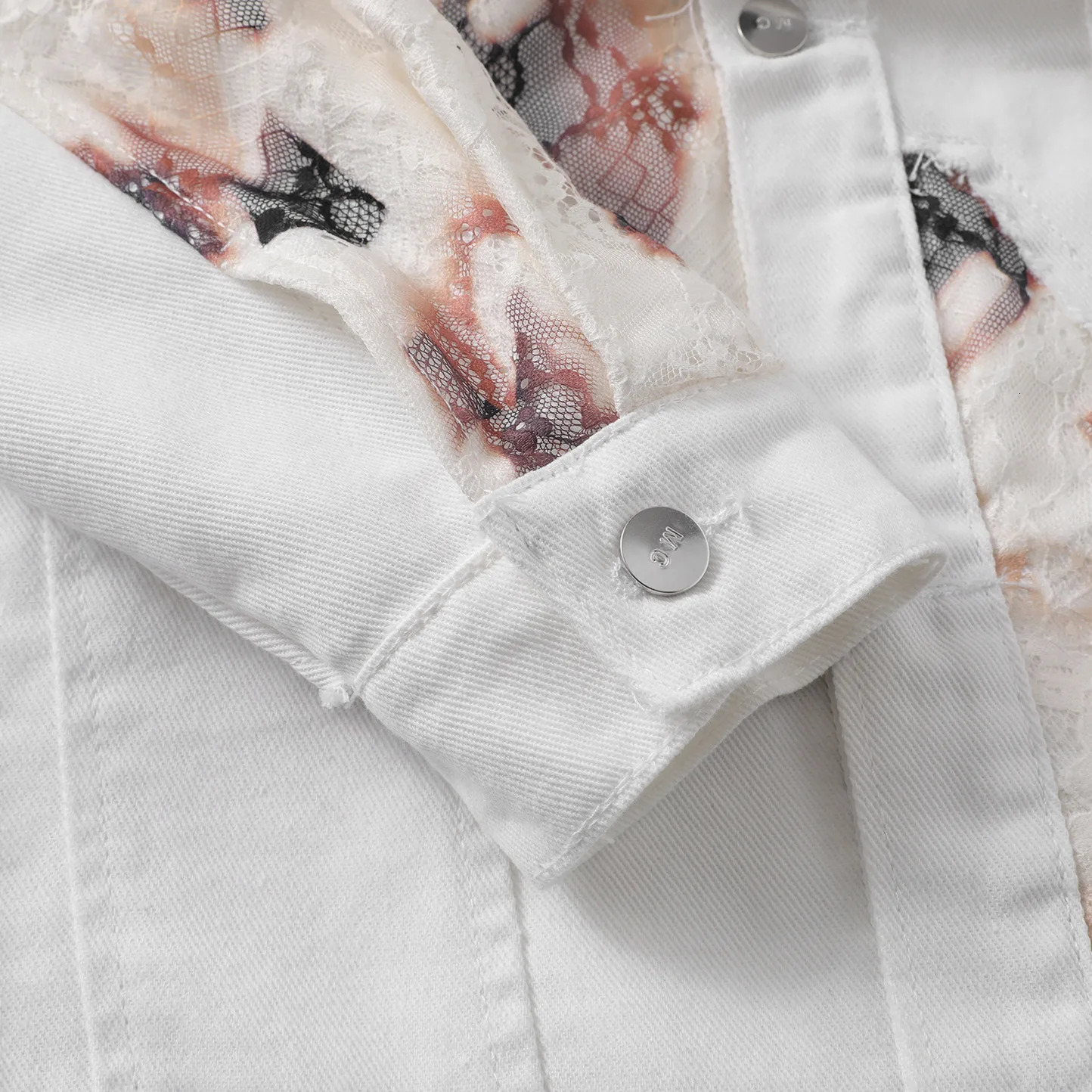 2025 Product Japanese Retro Jacket Denim Street White Jeans Trend Personalized Flame Splicing Stickers Lace Men 250408