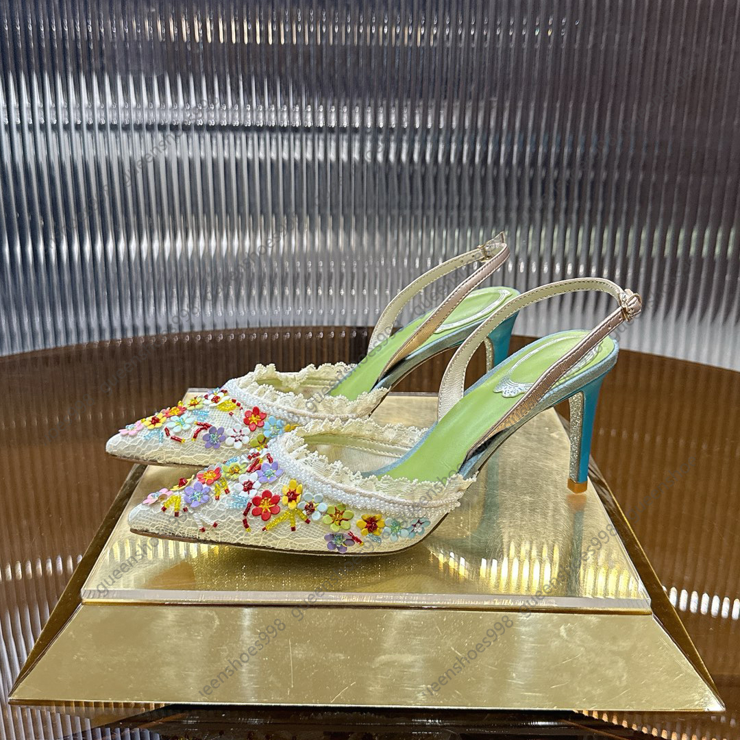RENE Green Top Quality Slingbacks Womens Lace Flower Luxury Designer Sandals Casual Ankle Strap Fashion High Heels Dress Shoes Pearl Stiletto Heel Wedding Shoes