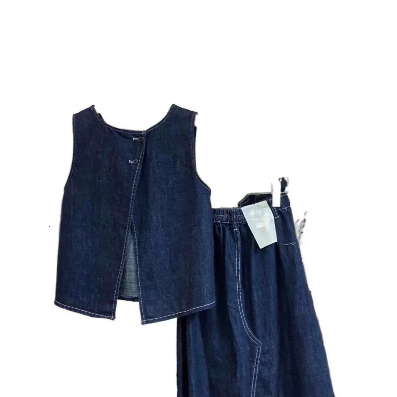 Summer Casual round Neck Sleeveless Vest High Slit Mini Midi Skirt Denim Set Womens Fashion Age Reduction Skirt Suit 250408