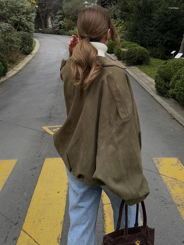Lanjia- Women's Jackets TRAFZA 2025 Vintage Women Suede Texture Bomber Jacket Female Lapel Zipper Long Sleeve Casual Coat Soild Spring Street 175