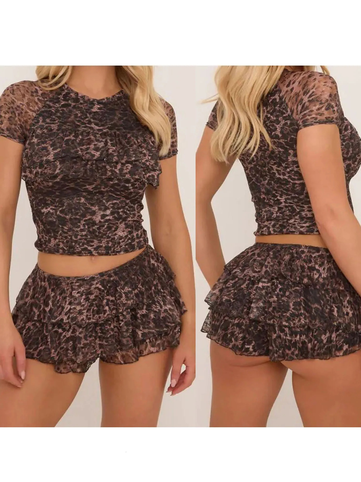 Women s 2-Piece Summer Set Leopard Print Crop Top with Short Sleeves and Elastic Layered Ruffles Shorts - Stylish Streetwear 250407