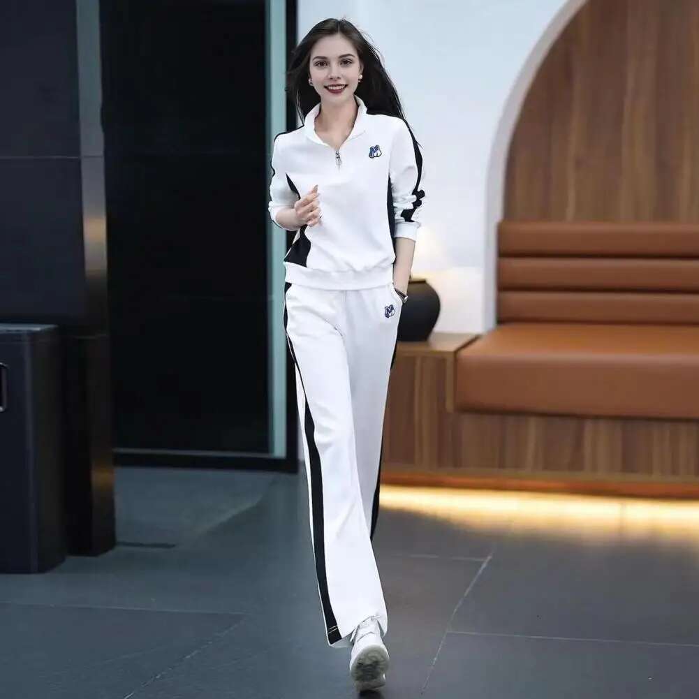 Women Sports Suit Stylish Women's Sportswear Set Color Matching Zippered Stand Collar Sweatshirt Wide Leg Trousers for Fall