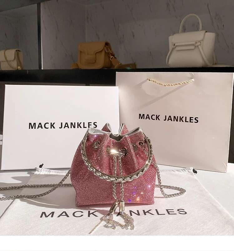 String Bucket Crystal Shiny Rhies Dia Evening Women's Handbag Wedding Party Clutch Purse Crossbody Bag