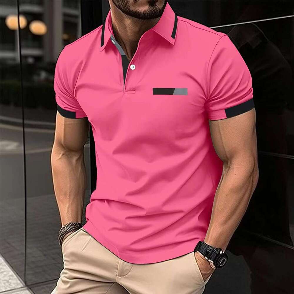 New men's casual polo shirt with fake chest pocket, lapel button, business T-shirt top, 2025 new style, chic and elegant clothing