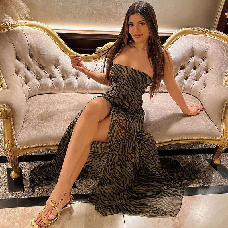 M24DS106 European and American style summer women's strapless leopard print slit mesh patchwork dress wholesale temperament versatile new trendy 