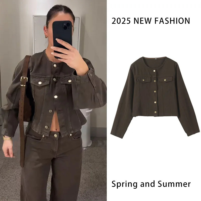 Retro denim jacket womens round neck long sleeved solid color short business single chest lapel 250407