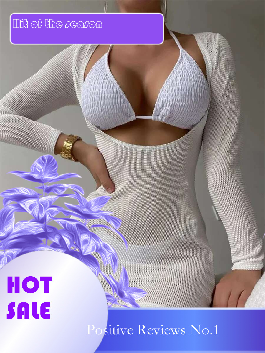 Dongdumaoyi Pieces Thong Bikini Set Women White Black Long Sleeve Cover Up Dress Swimwear Beach Holiday Bathing Suit String Swimsuit