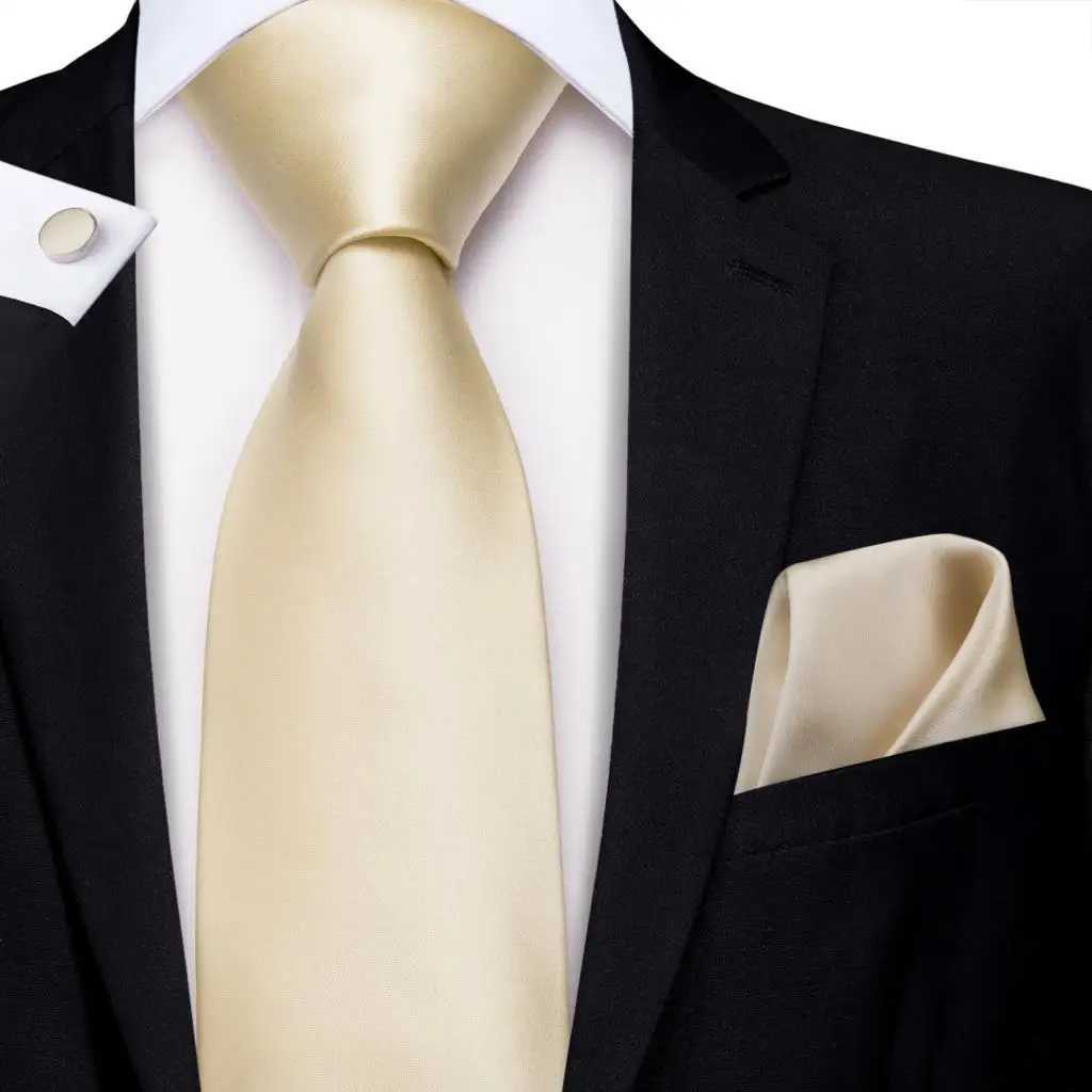 Champagne Ivory Solid 2023 New Elegant Mens Ties Hanky Cufflink Silk Necktie For Men Wedding Party Business Fashion Brand Hi-Tie X250407