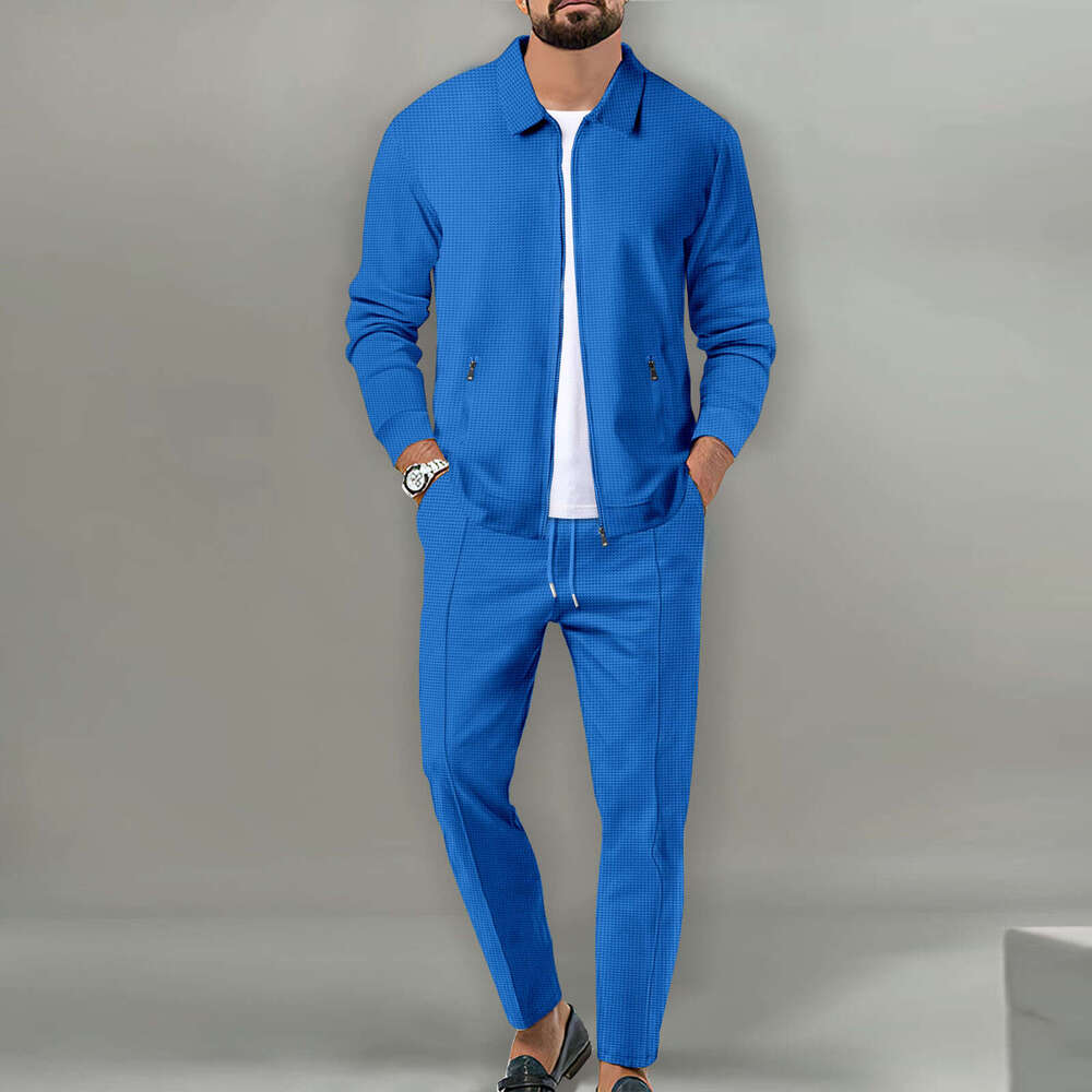 autumn youth waffle zipper pocket lapel slim fit cardigan men's jacket set 2025 new casual fashion trend clothing