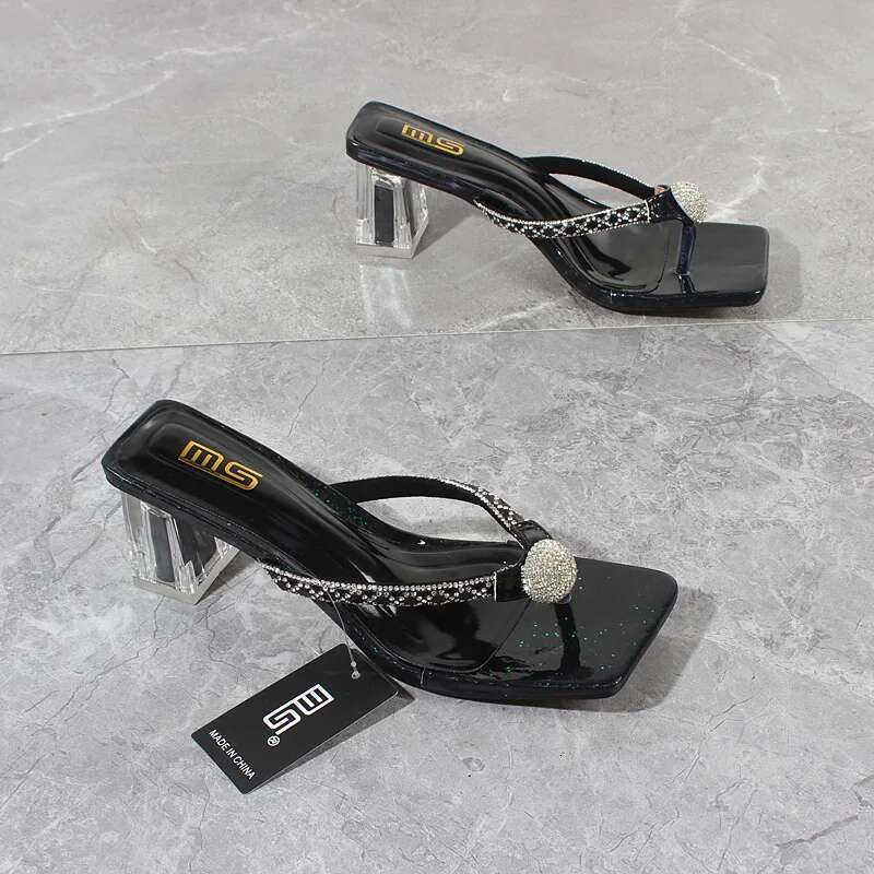 Fashion slippers 2025 summer new crystal folding high heels square high heels Korean version outer designer women's sandals 6CM1