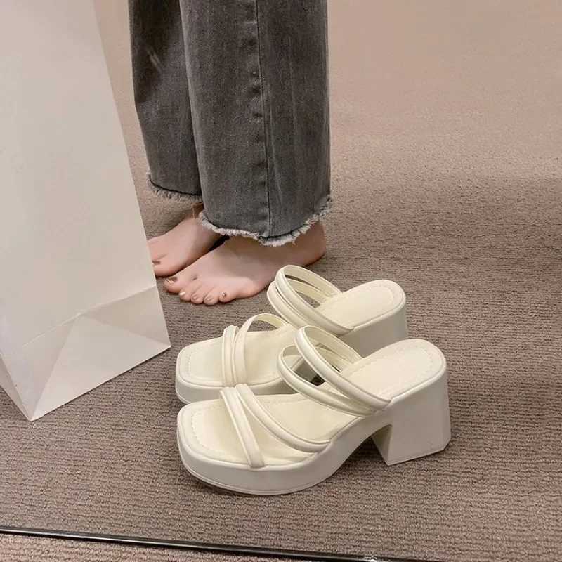 Slippers casual shoes for women 2024 high heels mule Pantofle rubber flap luxury summer soft high-tech Haian metal decorationXJ250407