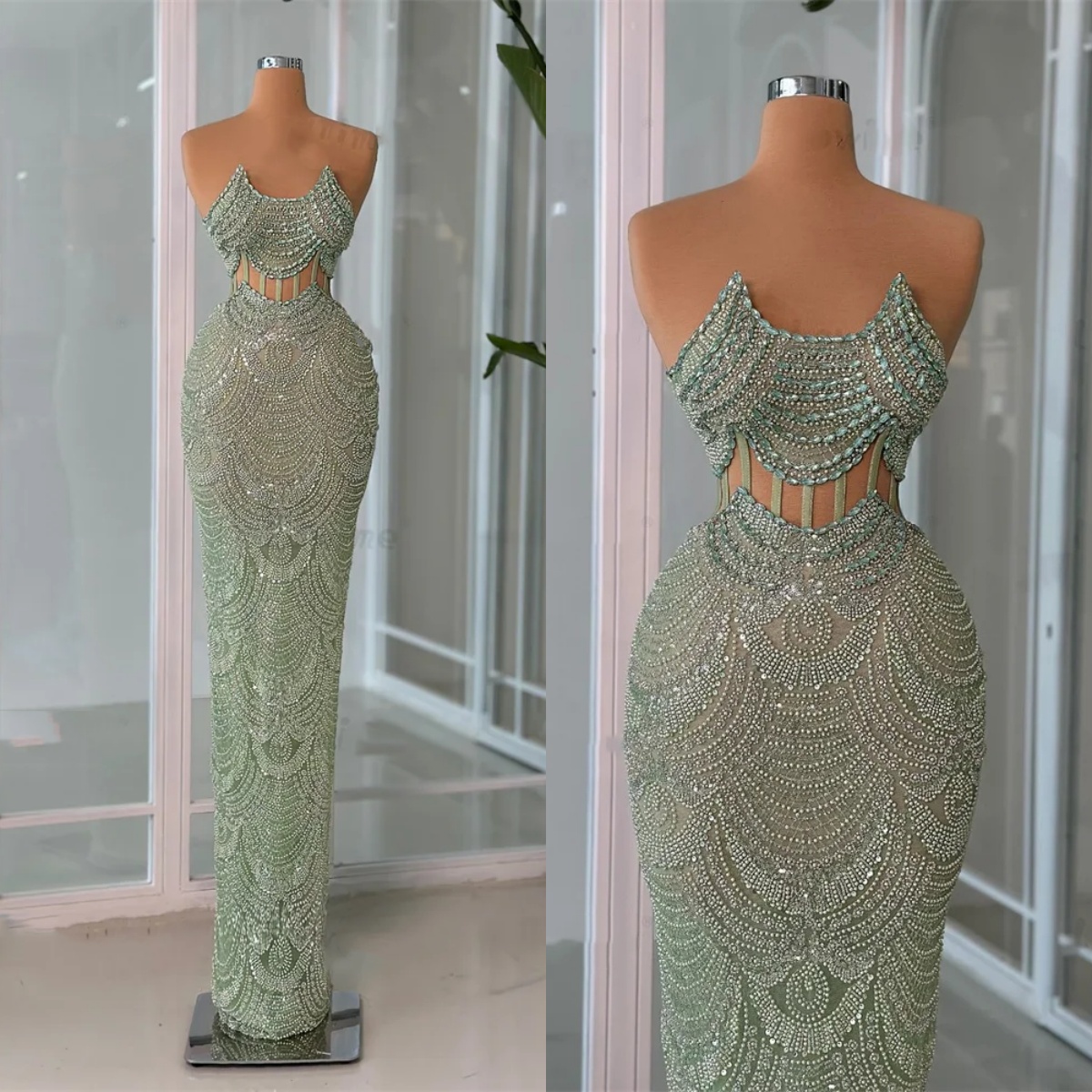 Classic Evening Dresses Strapless Sleeveless Gown Crystal Sequins Beaded See Through Sweep Train Dress Party Customized Dress
