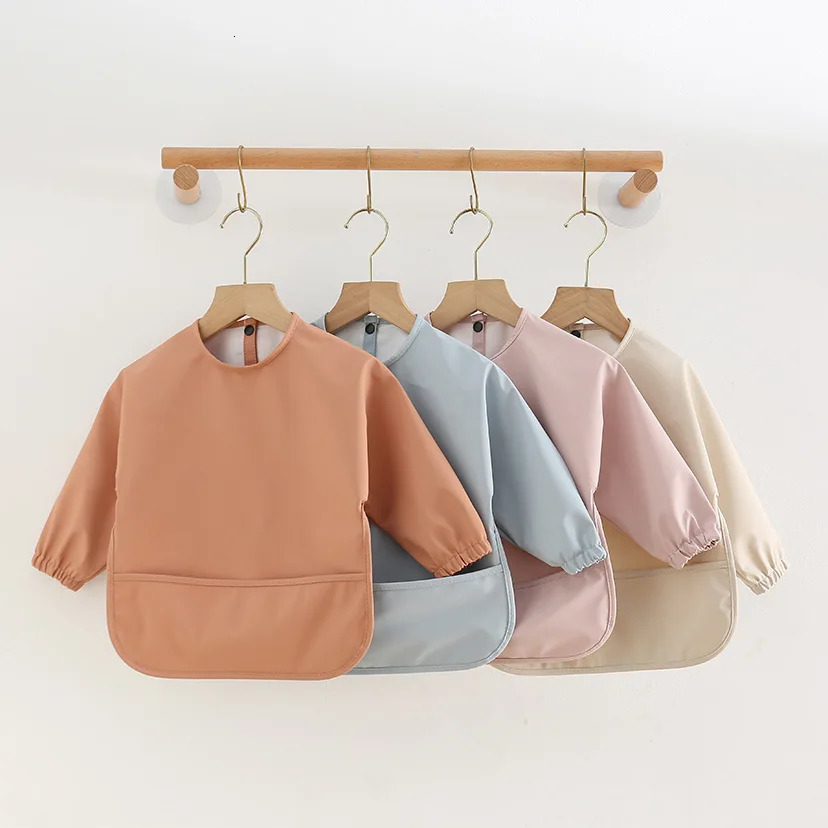 Solid Color Kids Baby Feeding Bibs Waterproof Long Sleeve Apron with Pocket Toddler Burp Cloth Boys Girls Anti-dirty Art Smock 250408