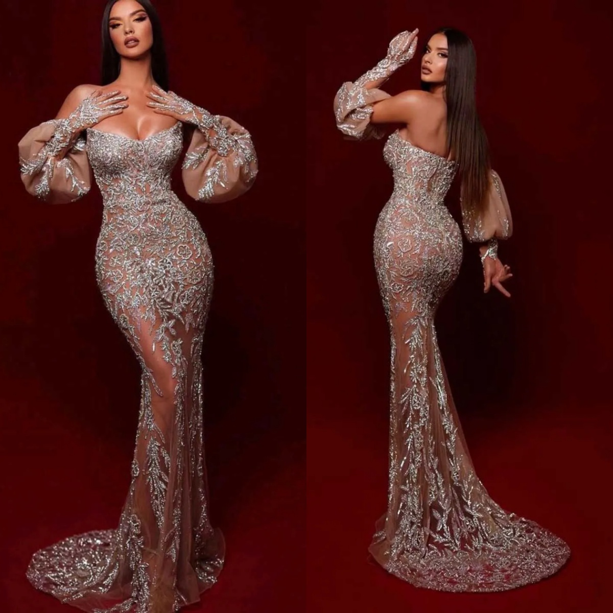 Sparkly Mermaid Evening Dress Sequins Beaded Appliques Strapless Prom Gown Sheath Sweep Train Celebrity Dresses Customized