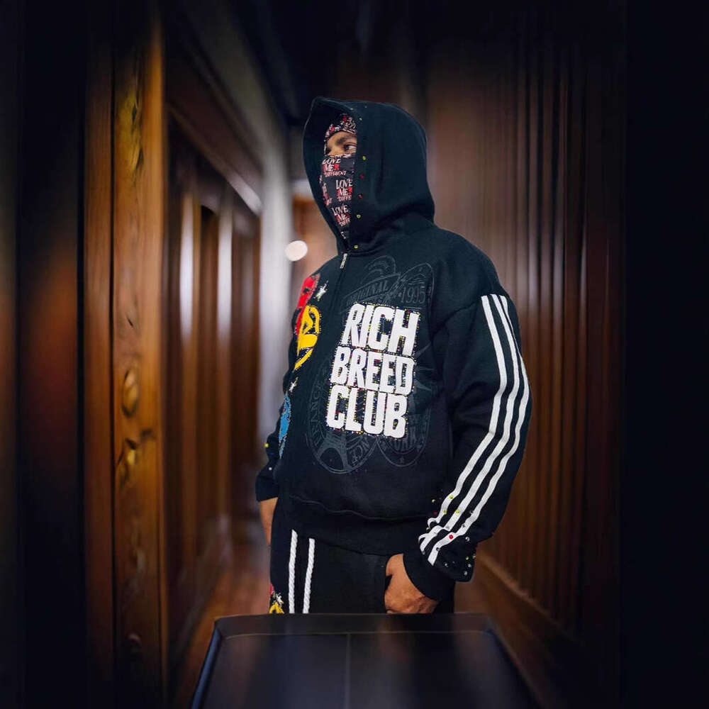 Oversized high street printed letters hip hop vintage hooded sweatshirt zipper cardigan jacket trendy