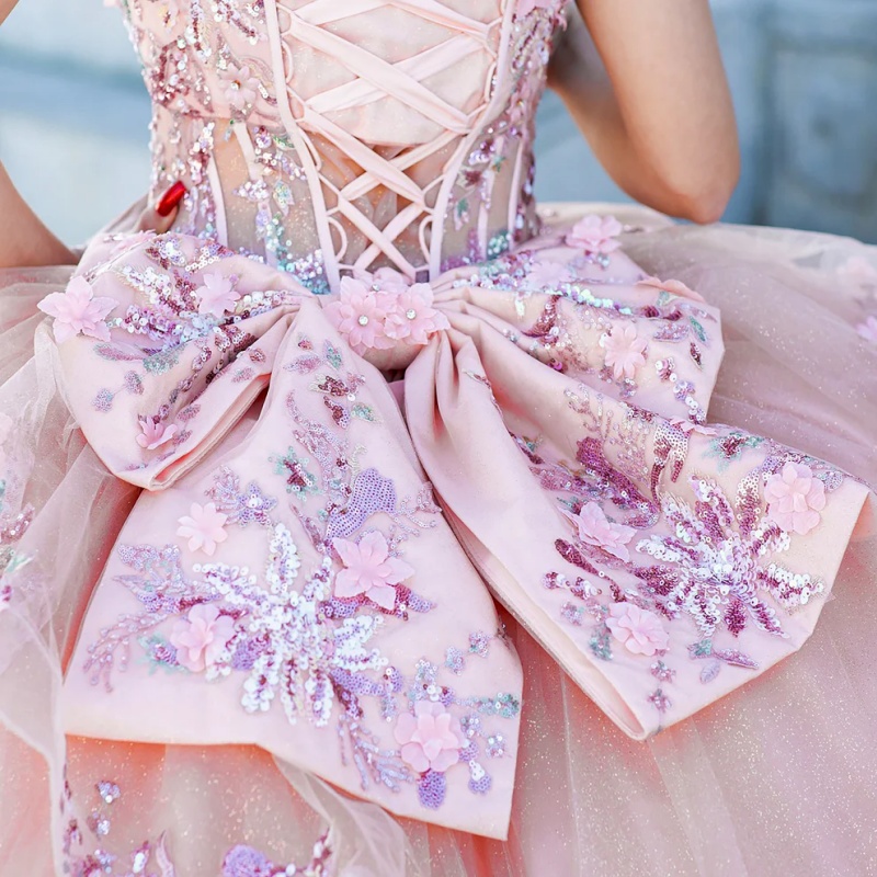 Pink Quinceanera Dresses Off Shoulder Ball Gown Sweet 16 Dress Sequin Applique Lace Beads Bow Tull Birthday Party Vestidos 15 De Anos