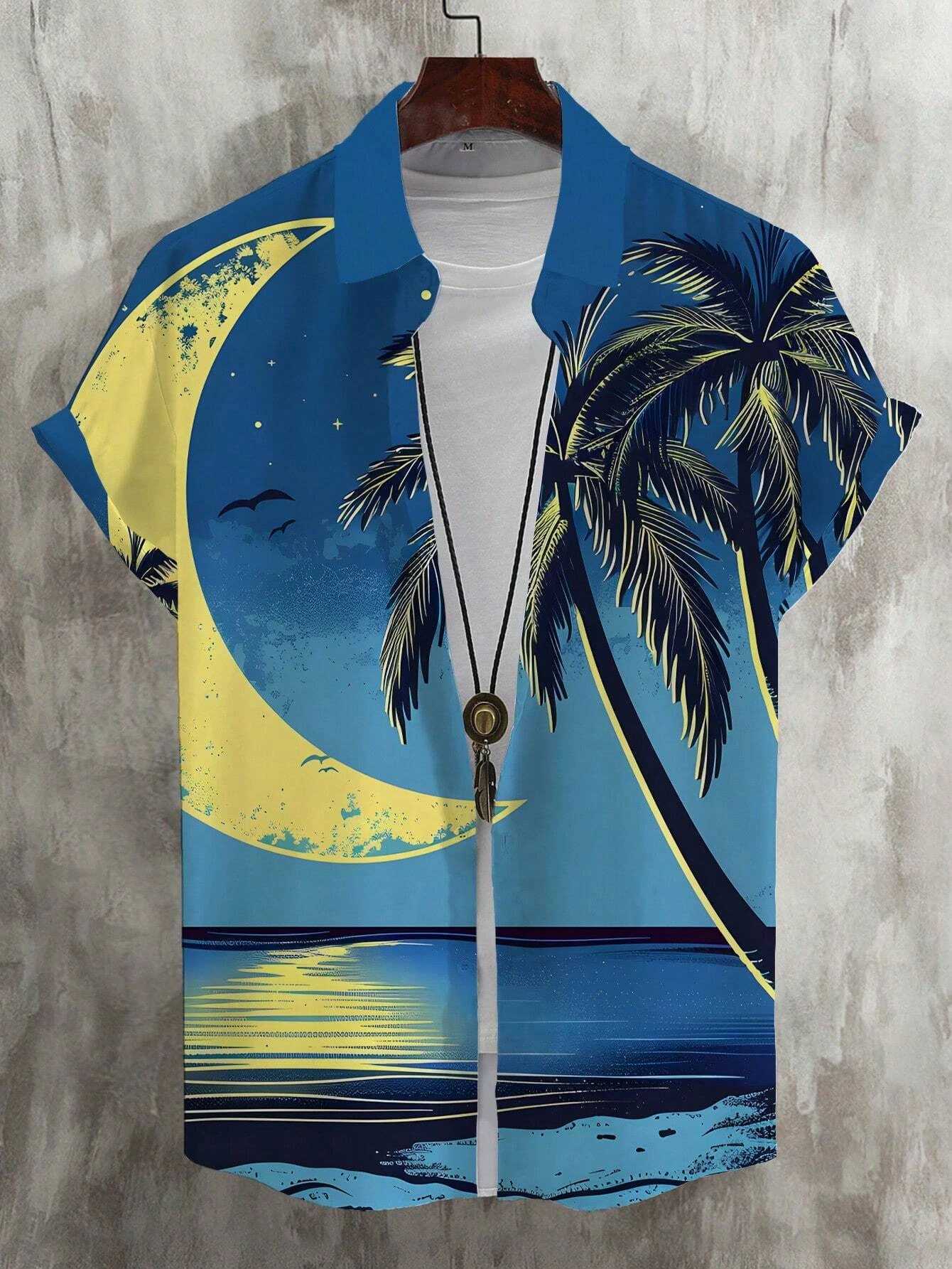 Mens Hawaiian pine palm tree floral print casual short sleeved mens button up topXJ250407
