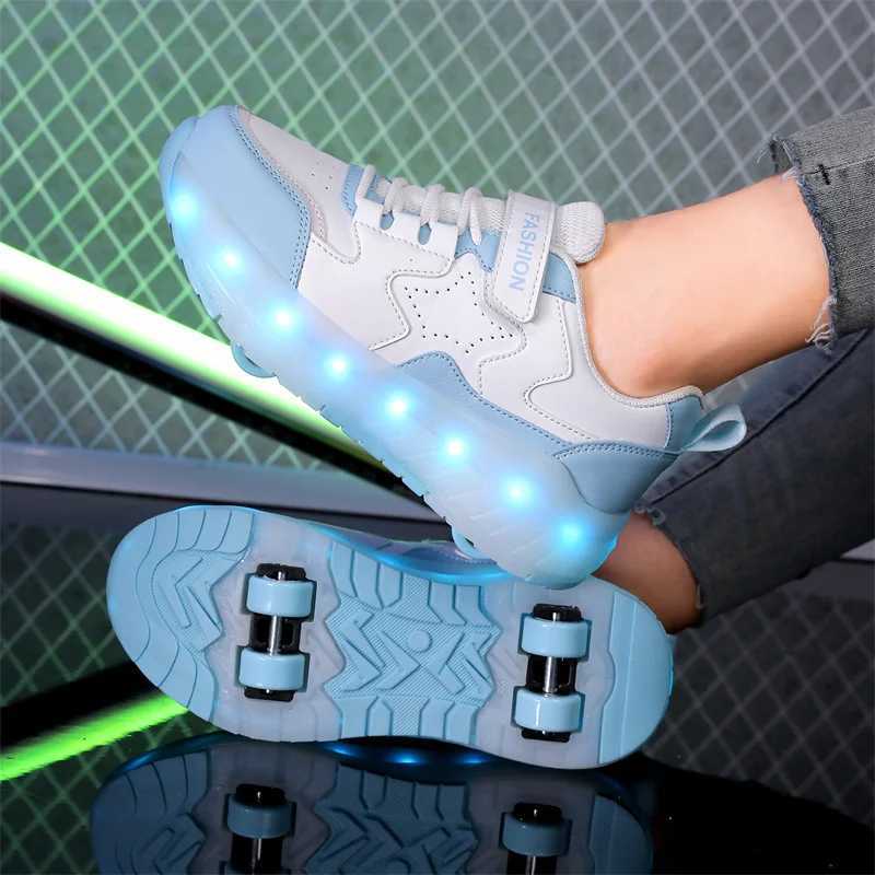 Childrens LED sports shoes USB charging luminous shoes Outdoor sports roller skateboarding Childrens four-wheel boys and girls casual shoes luminous W
