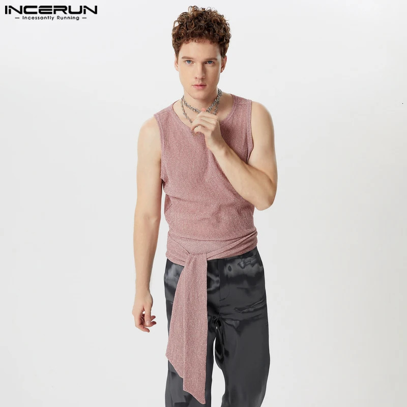 INCERUN Tops American style mens sparkling belt vest fashionable and sexy mens cut pleated sleeveless vest S-5XL 250402