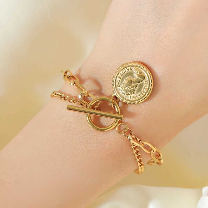EILIECK 316L stainless steel gold portrait coin necklace set for womens trendy flow OT buckle waterproof jewelry Y250408