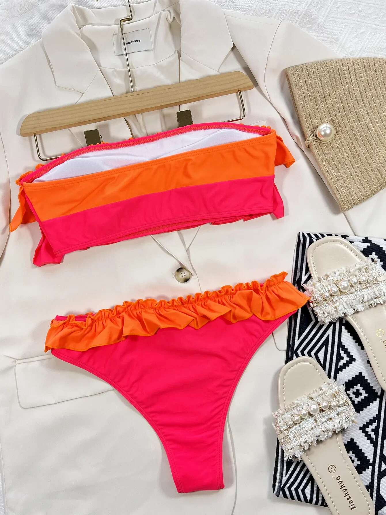 Dongdumaoyi Sexy Bandeau Bikini Mujer Women Orange Patchwork Push Up Ruffles Micro Swimwear Brazilian Beach Bathing Suit Thong Swimsuit