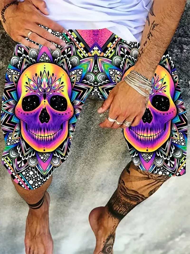 New mens beach shorts horror skeleton 3D printed board shorts summer swimming relay elastic waist brushed Hawaiian style holiday W250407