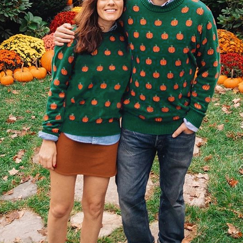 Women's new color-matching sweater, Halloween pumpkin jacquard long-sleeved sweater, romantic autumn clothing Valentine's Day outfit for wom