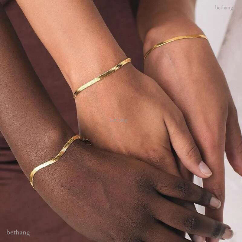 Link, Chain Vintage Stainless Steel18k Gold Plated Flat Snake Bracelets Bangles For Women Herringbone Accessories Jewelry Gift