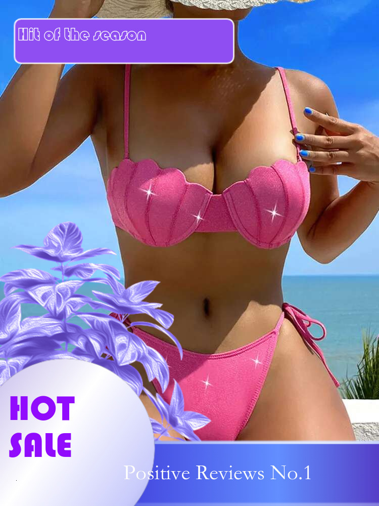 Dongdumaoyi Push Up Bikini Women Shiny Shell Underwire Micro Swimsuit New Hot Pink Cut Out Beach Bathing Suit Tie Side Thong Swimwear