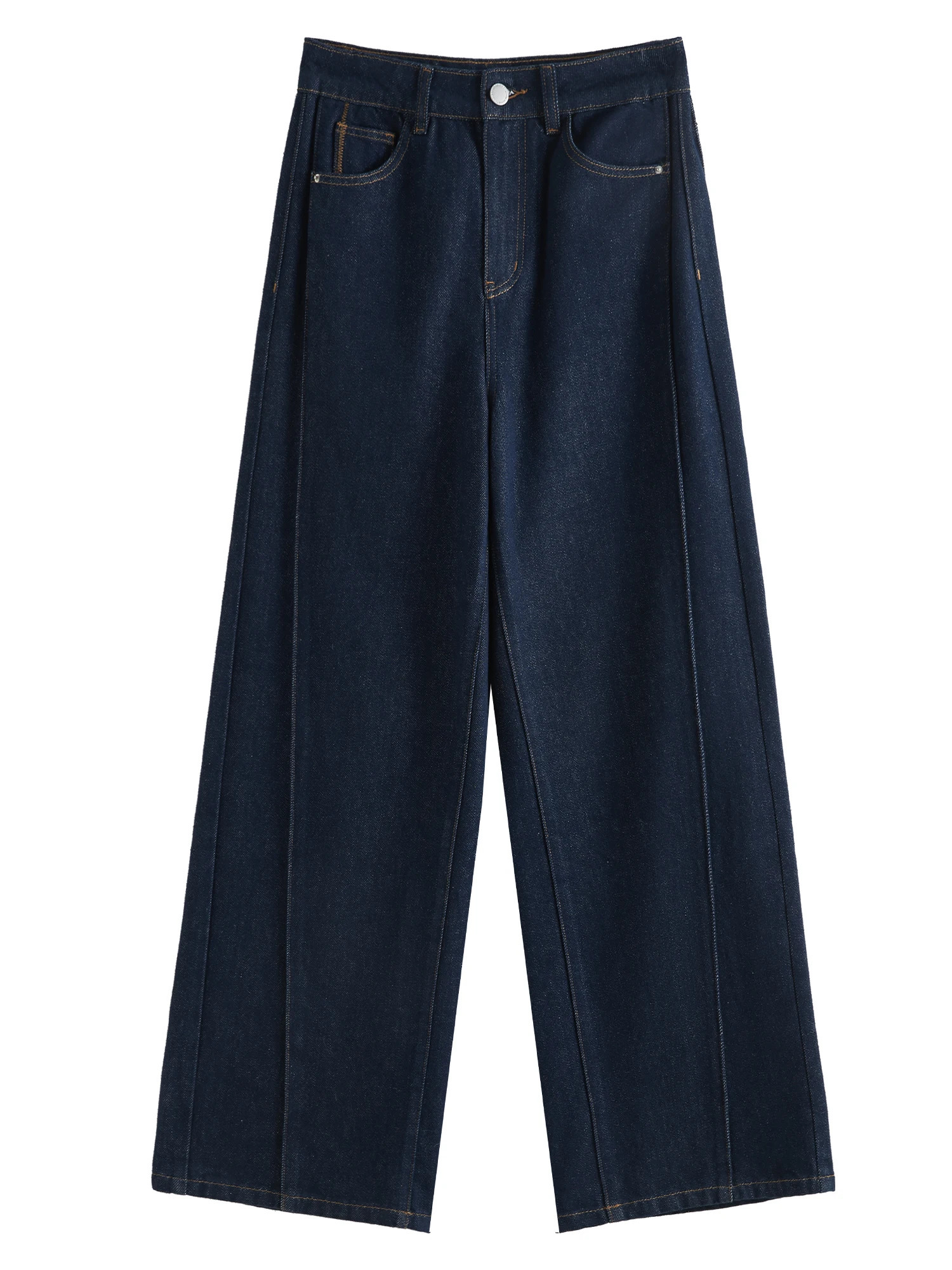 FSLE Womens Winter Jeans High Waist Thick Cotton Wide Legs Trouser Dark Denim Loose Blue Full Length 24FS14299 250407