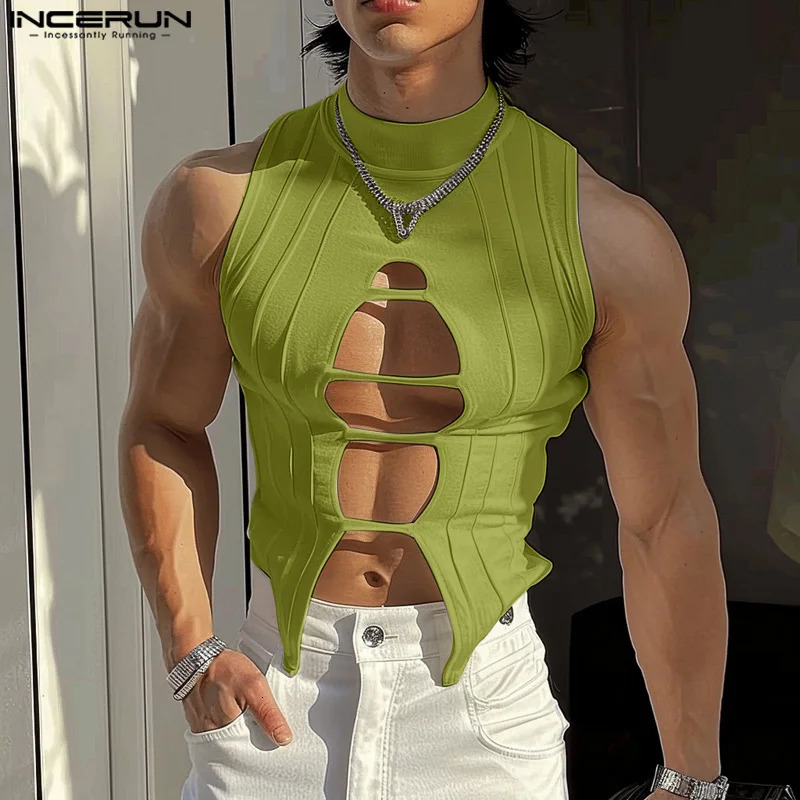 Fashion Club Clothing Style Top INCERUN Mens Hollow Half High Neck Knitted Tank Top Fashion Mens Sleeveless Solid Tank Top S-5XL 250403