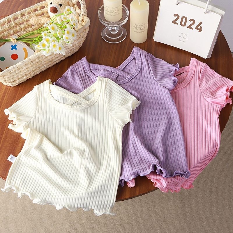Ddmyshoesvip New Girls Short Sleeved Fashionable Women S Treasure Lotus Leaf Sleeves Korean Version Western Style Ice Silk T Shirt Lace Summer Solid C