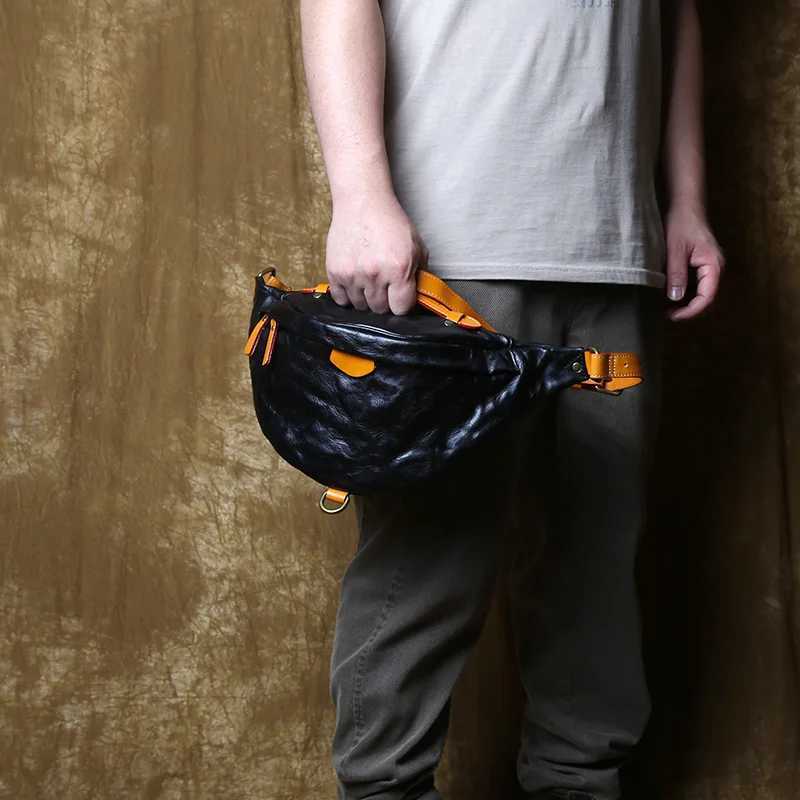 Original vegetable tanned cowhide phone waist bag mens top layer cowhide color contrast cross body box Z250407