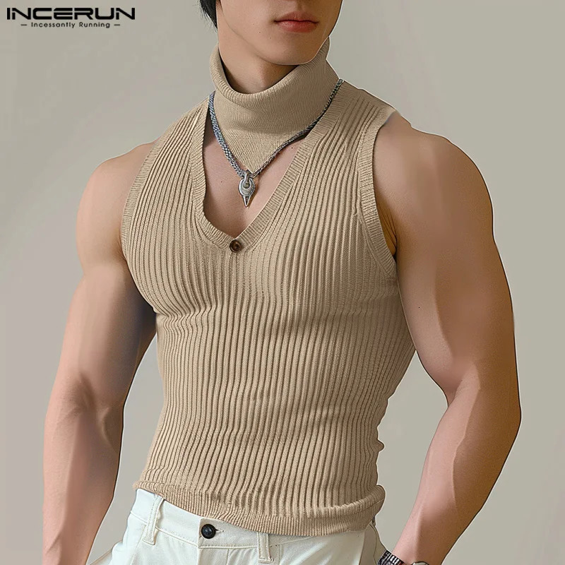 Mens Tank Top Solid Color Turtle Neck Sleeveless Hollow Street Mens Summer Fashion Casual Mens Wear INCERUN 250403