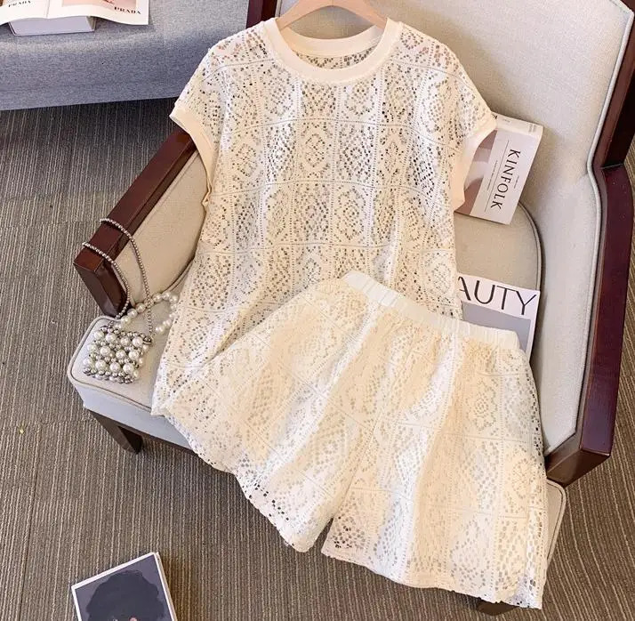 Fashion Solid Knitted Shorts Set for Womens Summer Cutting Zipper Casual High Waist Short Style Fashionable Beach Hollow Two Piece Set 250401