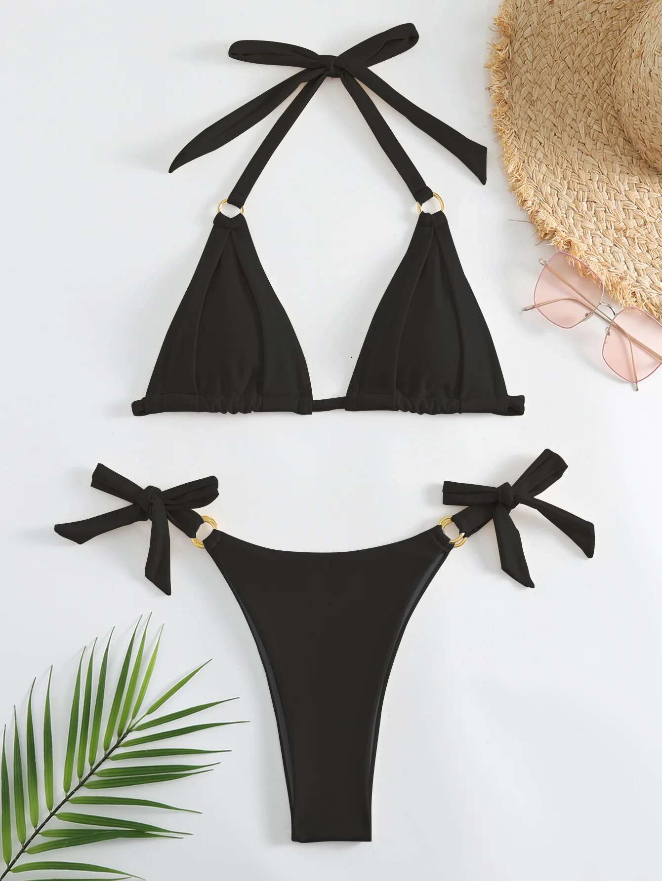 Dongdumaoyi Micro Bikini Sexy Women Swimsuit Solid Beige Halter Ring Linked Push Up Mini Bikinis Summer Bathing Suit Thong Swimwear