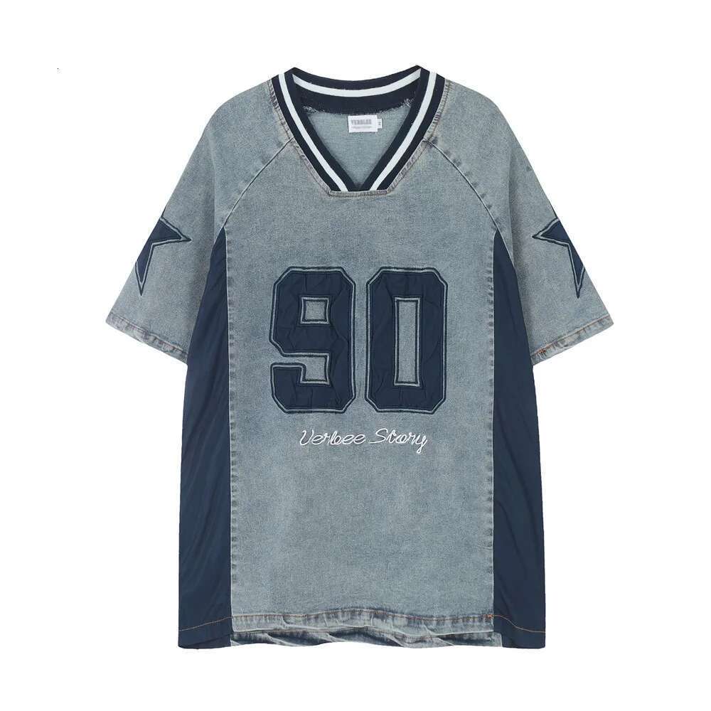 Letter Embroidery Patchwork Denim T-Shirt Mens Summer High Street Washed Distressed V-Neck Raglan Sleeve Tops Men