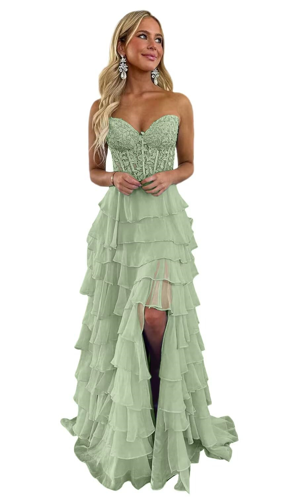 Long Prom Dresses Elegant Tiered Split Lace V-Neck Lace-up A-Line Plus Size Formal Occasion Evening Party Gown Pd13