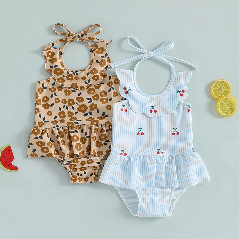 0-3Years Toddler Baby Girl Swimsuit PlaidFloral Print Sleeveless Slips Romper Dress Bathing Suit Kid Ruffled Beachwear Swimwear 250407