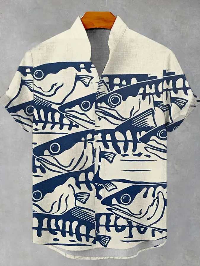 Mens casual ocean lifestyle graphic short sleeved shirt button up collar shirt oversized top casual Hawaiian mens shirtXJ250407