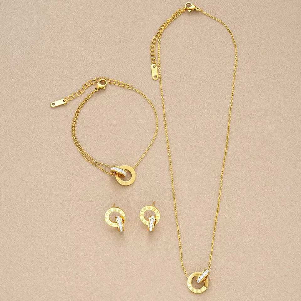 4-piece/set stainless steel crystal necklace bracelet earrings suitable for women gold interlocking ring Roman numeral jewelry set Y250408