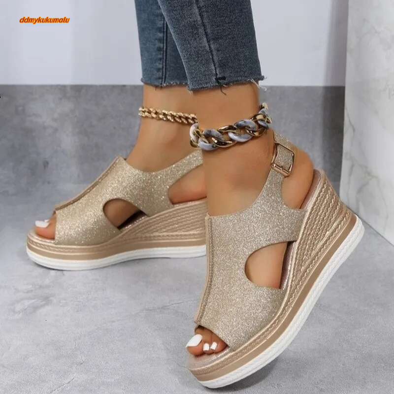 2023 New Casual Wedge Comfy Open Toe Glitter Color Golden Women's Summer High-heeled Sandals Sandalias De Mujer ddmykukumalu