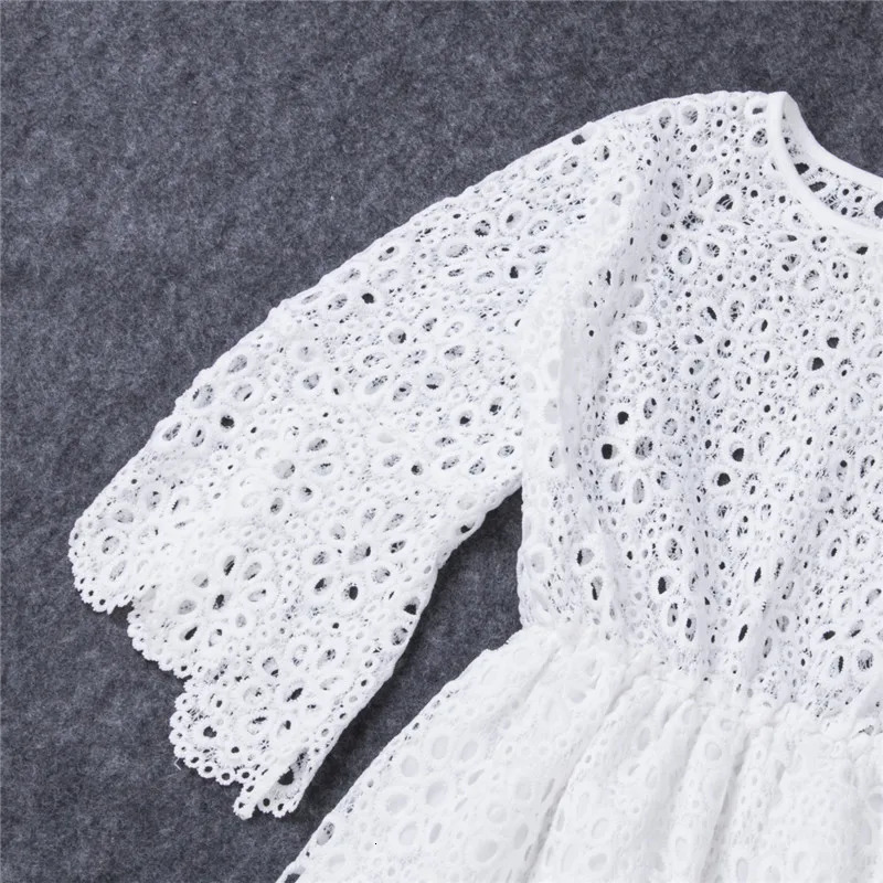 Family Matching Dress Mother And Daughter Long Sleeve Hollow Out White Dress For Girls And Women Party Summer Beach Dress 250407