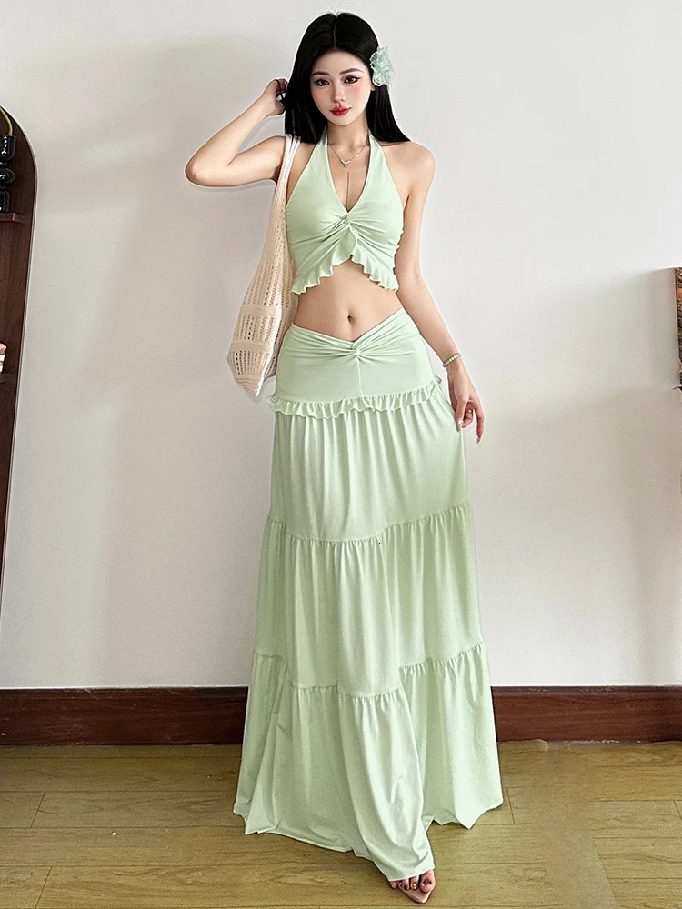 Nibber Elegant Vacation 2 Piece Set Women Halter Backless Crop CamisoleElastic Waist Ruffles Long Skirts Ruched Street Suits 250408