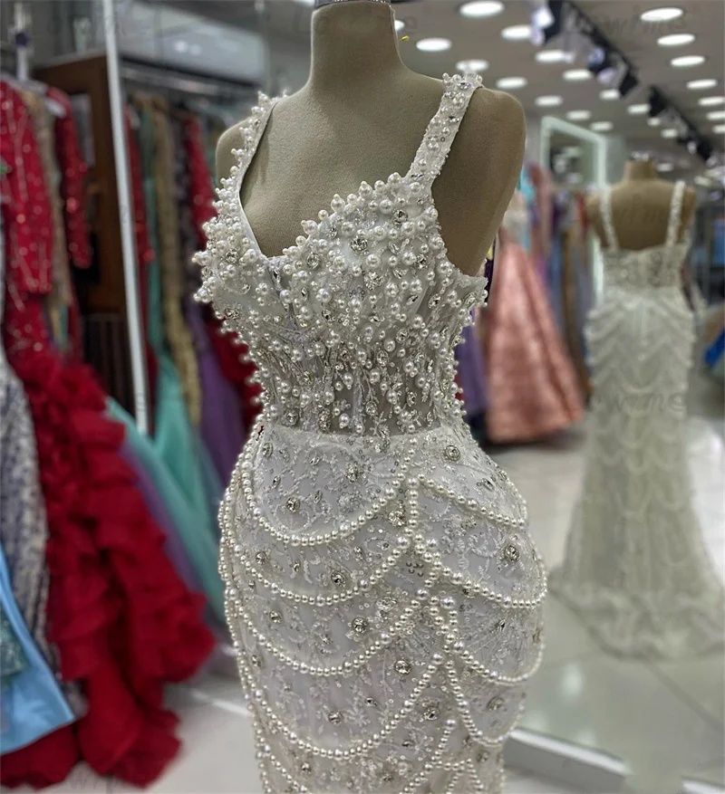 Gorgeous Evening Dresses Off Shoulder Spaghetti Strap Sleeveless Gown Pearls Sequins Crystal Sweep Train Dress Party Customized Dress