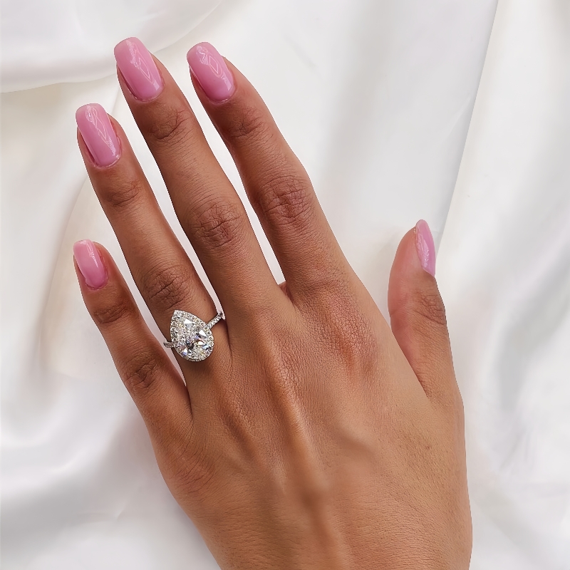 Jewelry Real 18K White Gold 2.5 Carat Pear Cut Halo Lab Grown Diamond Half Band Setting Engagement Ring For Women