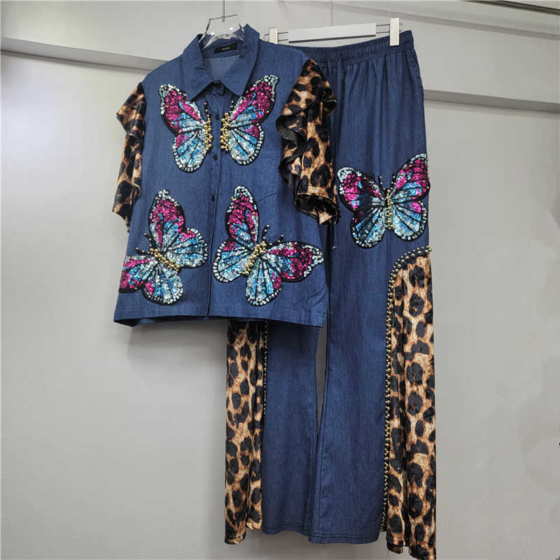 Bright sequin women's clothing; beautiful denim short-sleeved butterfly sequin top and straight-leg wide-leg trousers two-piece suit L251108